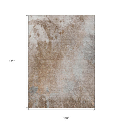 9' X 12' Brown and Off White Abstract Washable Non Skid Indoor Outdoor Area Rug