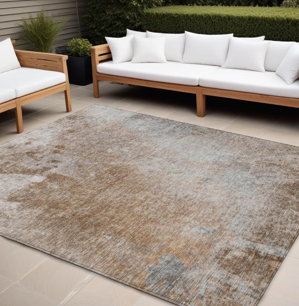 9' X 12' Brown and Off White Abstract Washable Non Skid Indoor Outdoor Area Rug