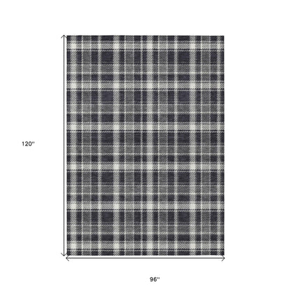 8' X 10' Black Gray and White Plaid Washable Non Skid Indoor Outdoor Area Rug