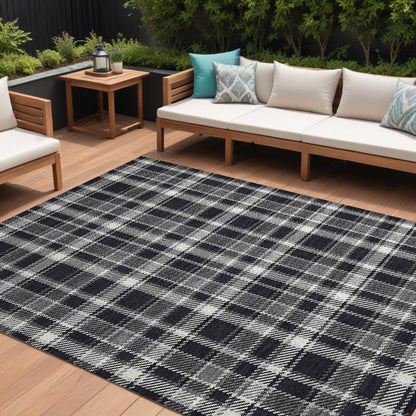 8' X 10' Black Gray and White Plaid Washable Non Skid Indoor Outdoor Area Rug