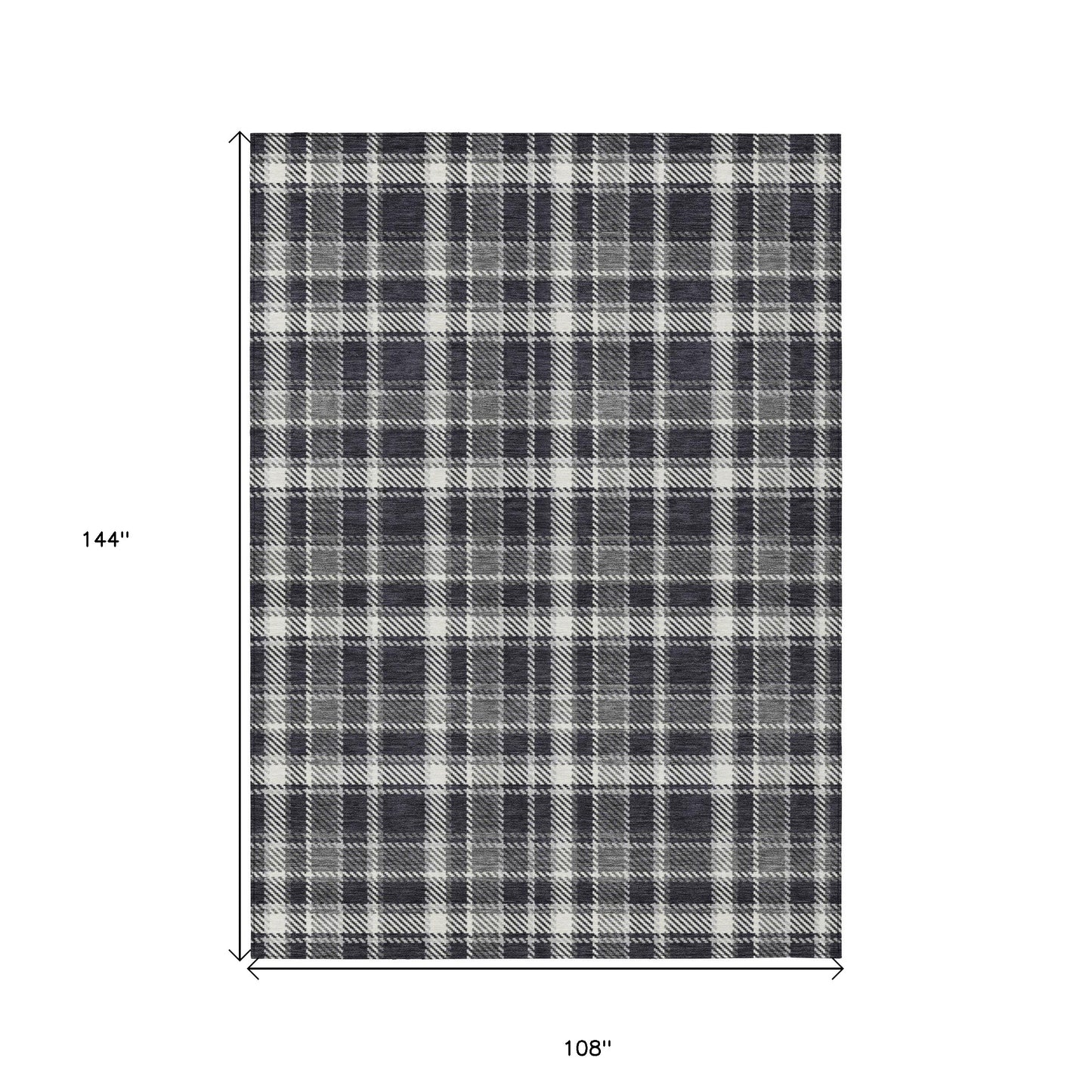 9' X 12' Black Gray and White Plaid Washable Non Skid Indoor Outdoor Area Rug