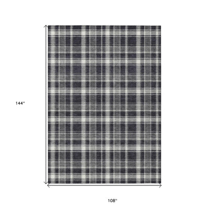 9' X 12' Black Gray and White Plaid Washable Non Skid Indoor Outdoor Area Rug