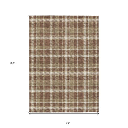 8' X 10' Chocolate and Ivory Plaid Washable Non Skid Indoor Outdoor Area Rug