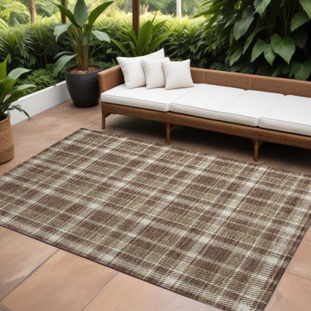 8' X 10' Chocolate and Ivory Plaid Washable Non Skid Indoor Outdoor Area Rug