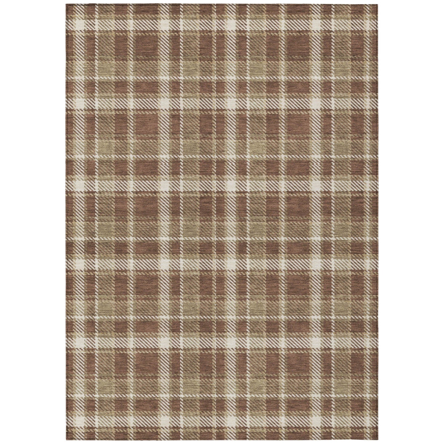 8' X 10' Chocolate and Ivory Plaid Washable Non Skid Indoor Outdoor Area Rug