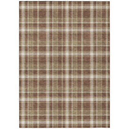 8' X 10' Chocolate and Ivory Plaid Washable Non Skid Indoor Outdoor Area Rug