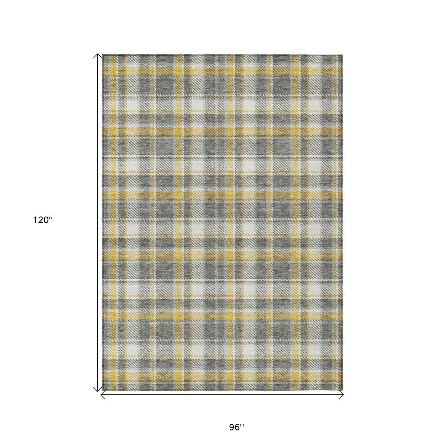 8' X 10' Gray Yellow and White Plaid Washable Non Skid Indoor Outdoor Area Rug