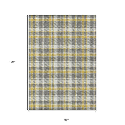 8' X 10' Gray Yellow and White Plaid Washable Non Skid Indoor Outdoor Area Rug