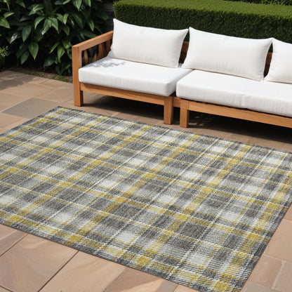 8' X 10' Gray Yellow and White Plaid Washable Non Skid Indoor Outdoor Area Rug