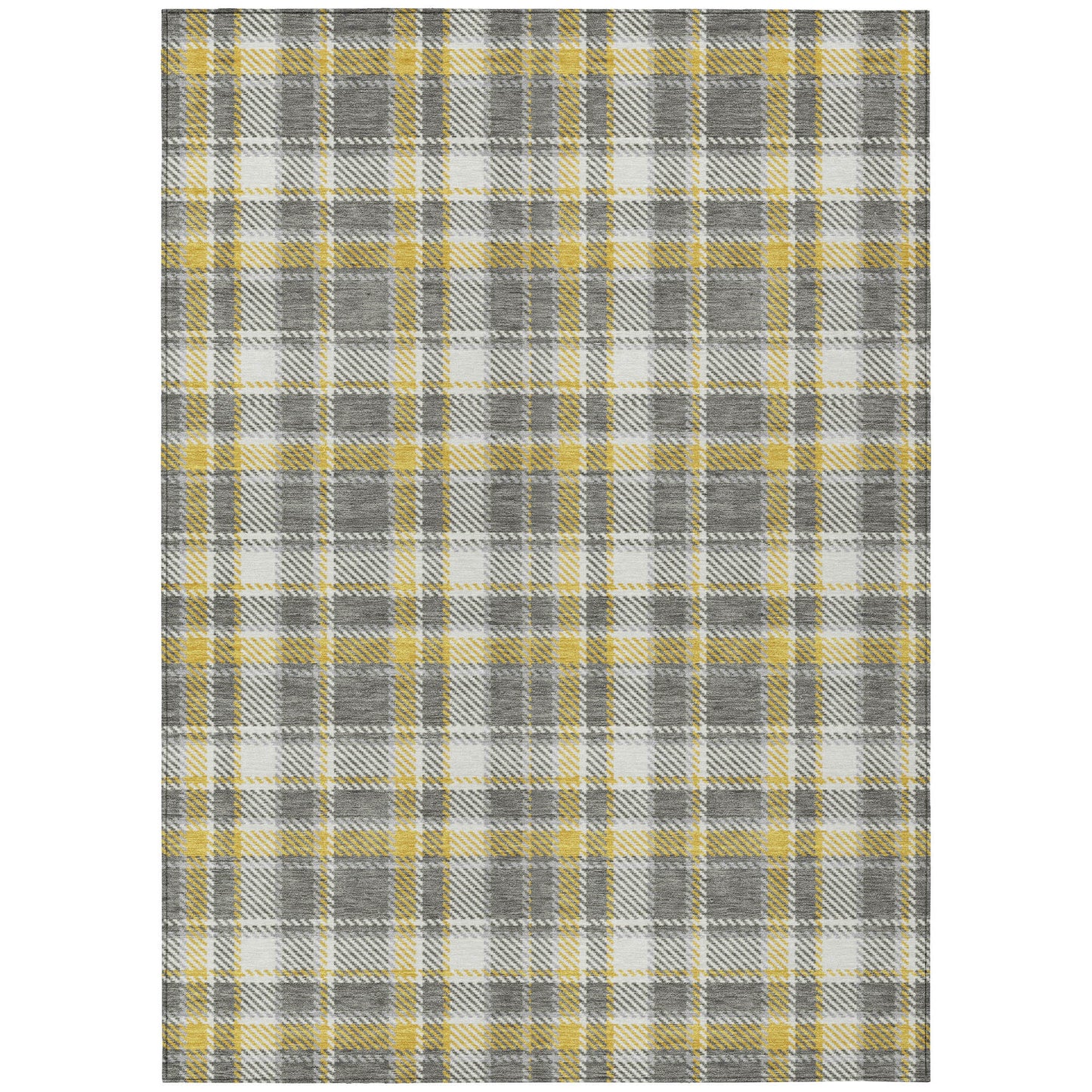 8' X 10' Gray Yellow and White Plaid Washable Non Skid Indoor Outdoor Area Rug