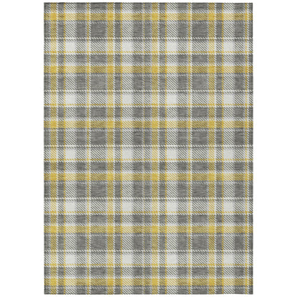 8' X 10' Gray Yellow and White Plaid Washable Non Skid Indoor Outdoor Area Rug