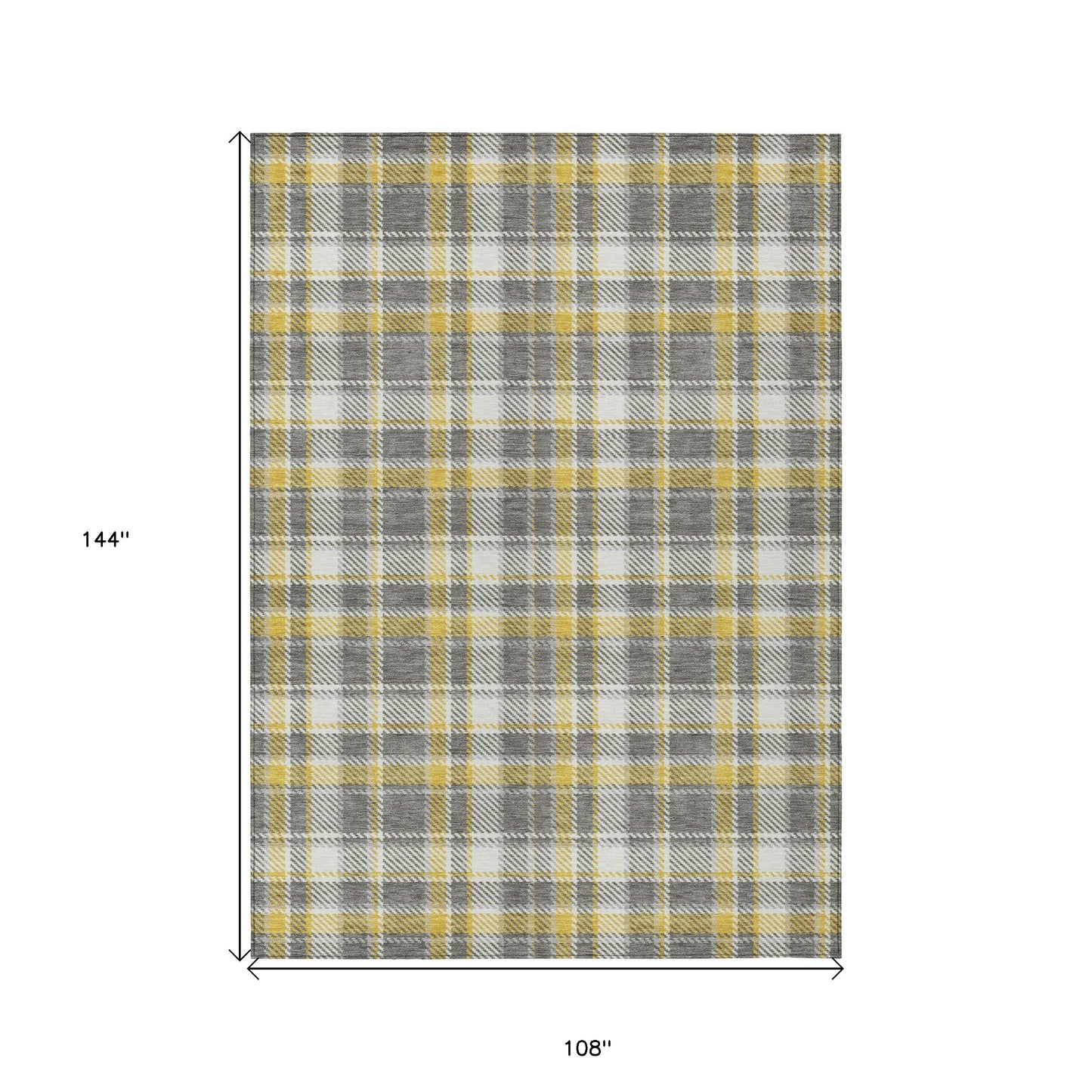 9' X 12' Gray Yellow and White Plaid Washable Non Skid Indoor Outdoor Area Rug