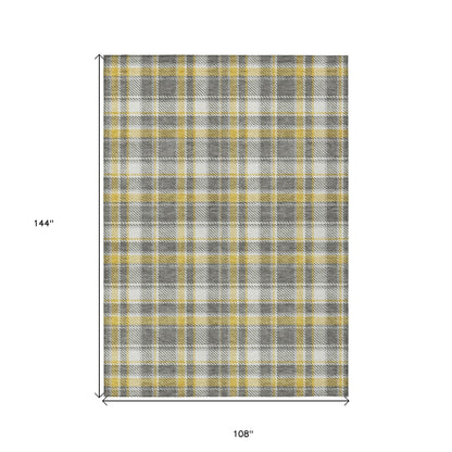 9' X 12' Gray Yellow and White Plaid Washable Non Skid Indoor Outdoor Area Rug