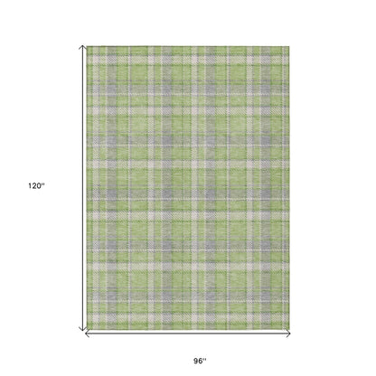 8' X 10' Green and Gray Plaid Washable Non Skid Indoor Outdoor Area Rug