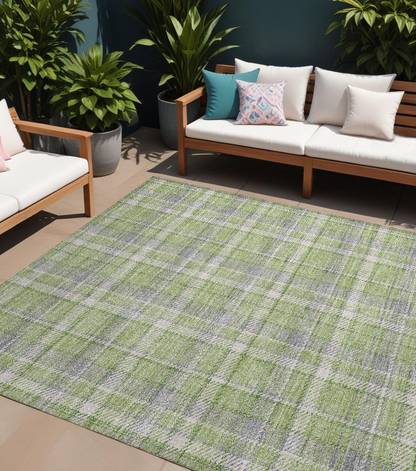 8' X 10' Green and Gray Plaid Washable Non Skid Indoor Outdoor Area Rug