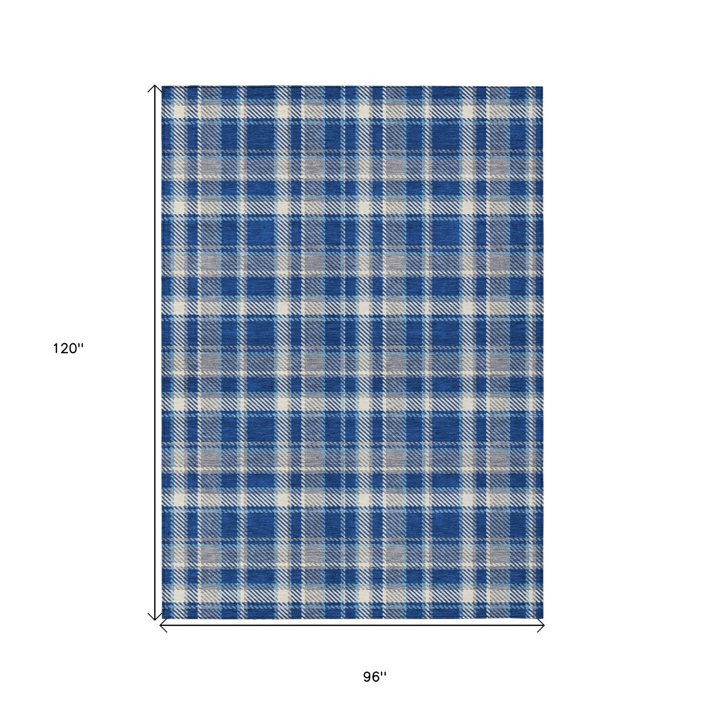 8' X 10' Navy and Ivory Plaid Washable Non Skid Indoor Outdoor Area Rug