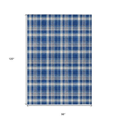 8' X 10' Navy and Ivory Plaid Washable Non Skid Indoor Outdoor Area Rug