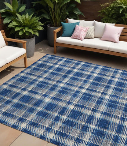 8' X 10' Navy and Ivory Plaid Washable Non Skid Indoor Outdoor Area Rug