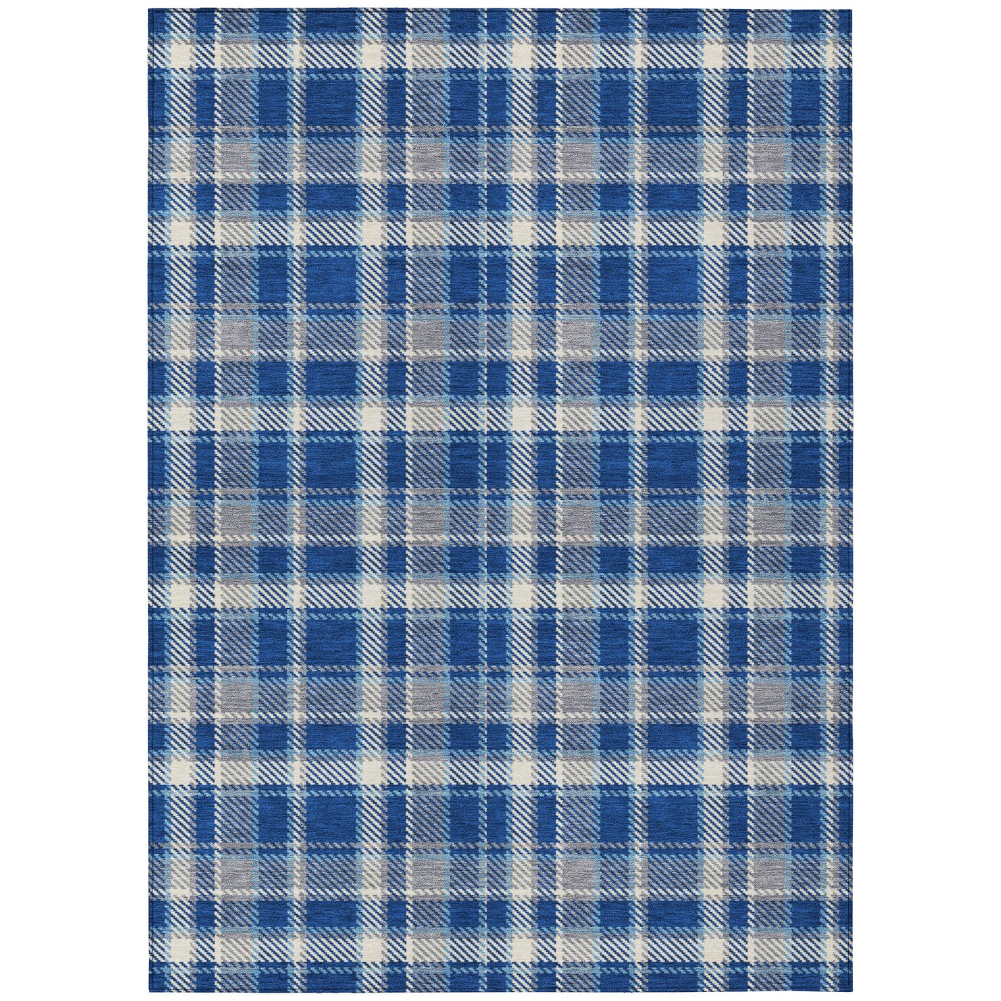 8' X 10' Navy and Ivory Plaid Washable Non Skid Indoor Outdoor Area Rug