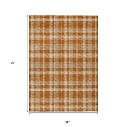 8' X 10' Orange and Ivory Plaid Washable Non Skid Indoor Outdoor Area Rug