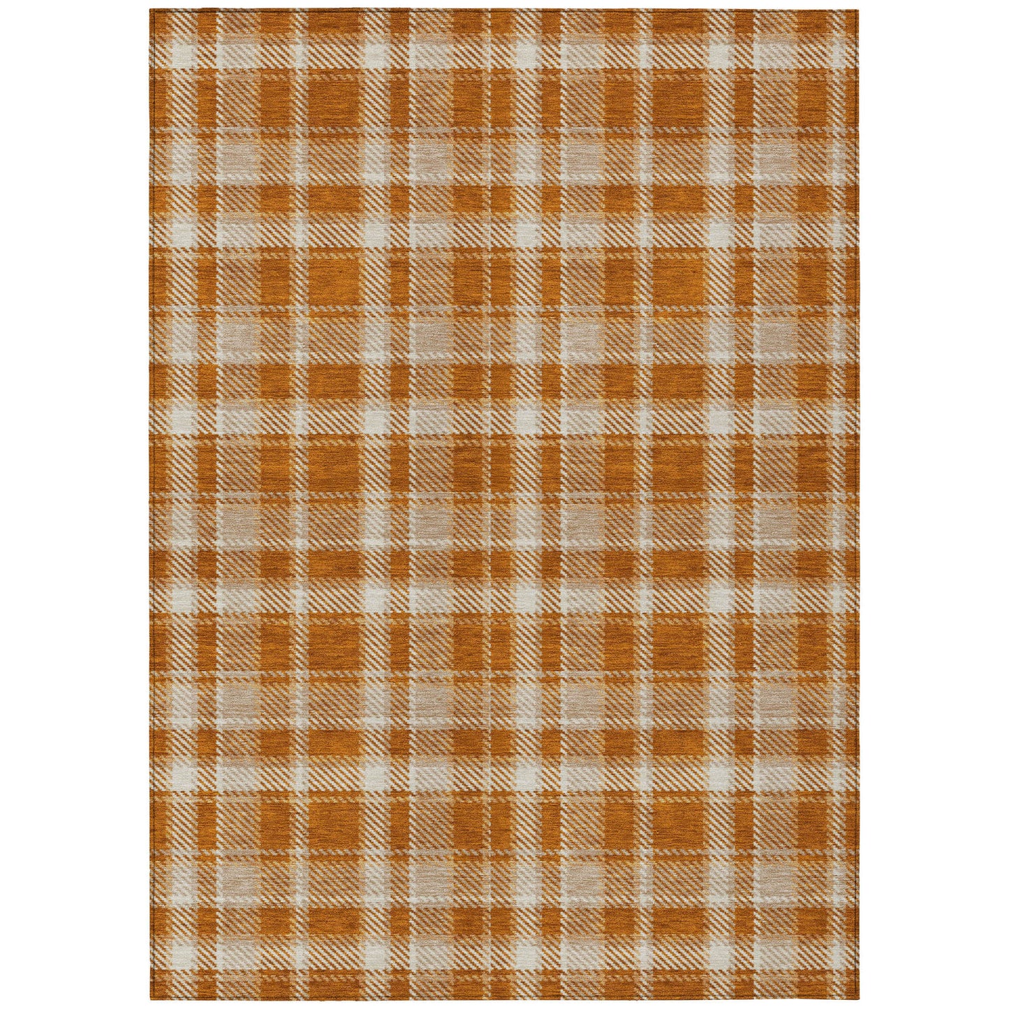 8' X 10' Orange and Ivory Plaid Washable Non Skid Indoor Outdoor Area Rug