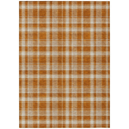 8' X 10' Orange and Ivory Plaid Washable Non Skid Indoor Outdoor Area Rug