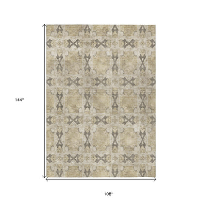 9' X 12' Beige and Gray Floral Medallion Washable Non Skid Indoor Outdoor Area Rug