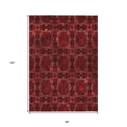 8' X 10' Burgundy and Black Floral Medallion Washable Non Skid Indoor Outdoor Area Rug