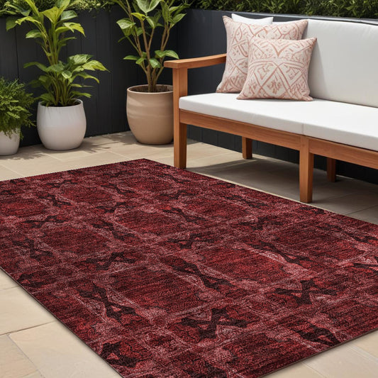 8' X 10' Burgundy and Black Floral Medallion Washable Non Skid Indoor Outdoor Area Rug