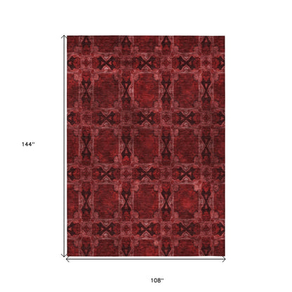 9' X 12' Burgundy and Black Floral Medallion Washable Non Skid Indoor Outdoor Area Rug