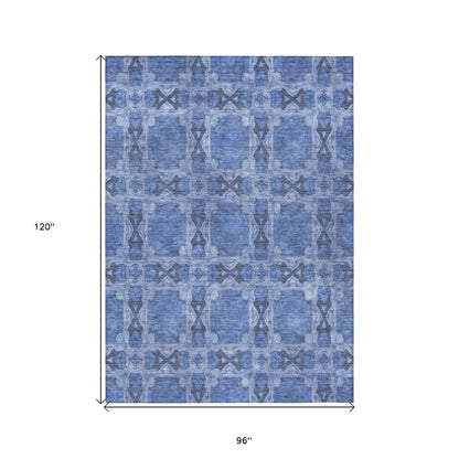 8' X 10' Denim Blue and Gray Floral Medallion Washable Non Skid Indoor Outdoor Area Rug