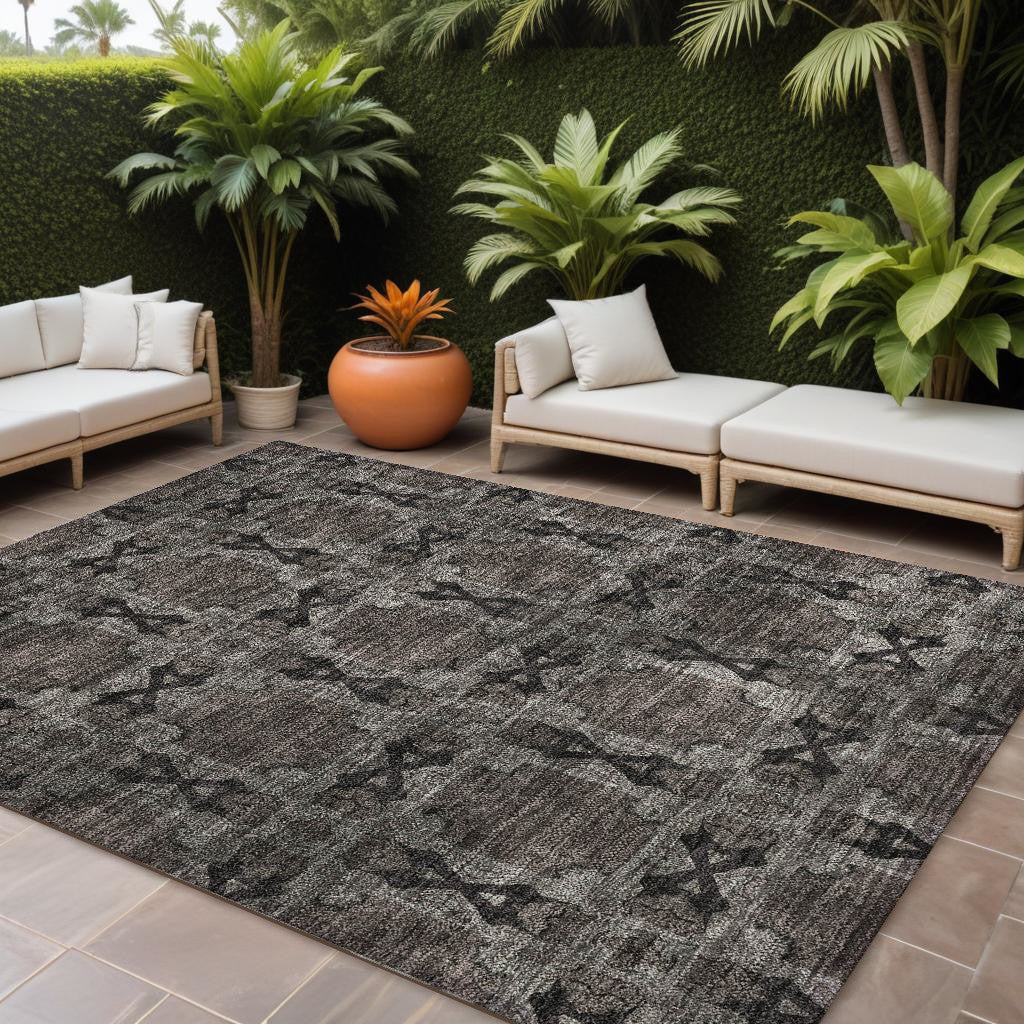 8' X 10' Gray and Black Floral Medallion Washable Non Skid Indoor Outdoor Area Rug