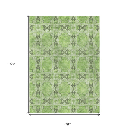 8' X 10' Green Floral Medallion Washable Non Skid Indoor Outdoor Area Rug