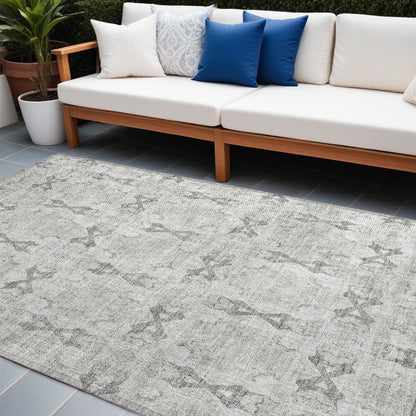 8' X 10' Ivory and Gray Floral Medallion Washable Non Skid Indoor Outdoor Area Rug