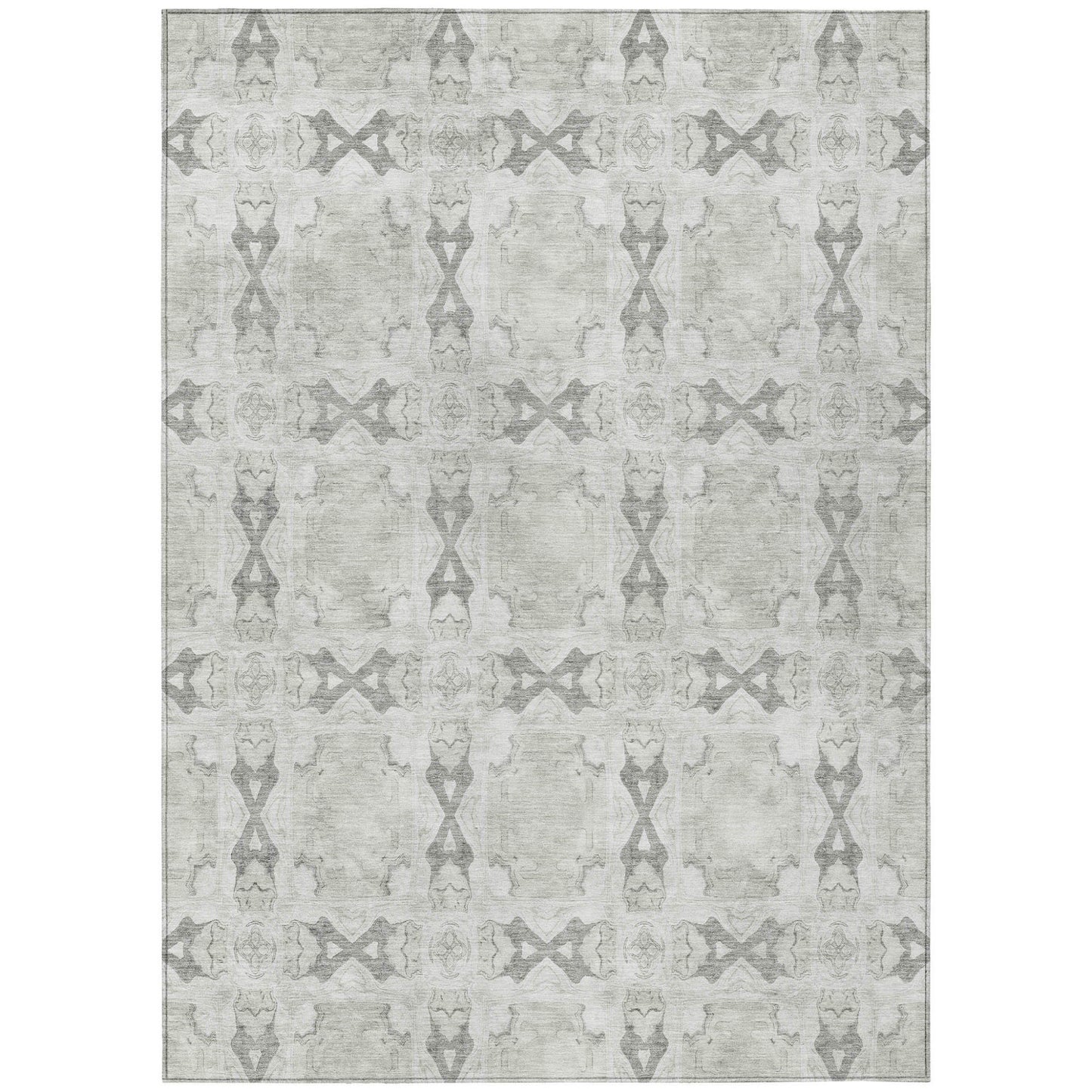 8' X 10' Ivory and Gray Floral Medallion Washable Non Skid Indoor Outdoor Area Rug