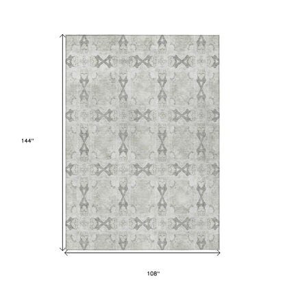 9' X 12' Ivory and Gray Floral Medallion Washable Non Skid Indoor Outdoor Area Rug