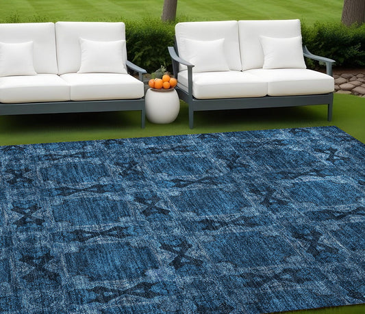 8' X 10' Navy and Gray Floral Medallion Washable Non Skid Indoor Outdoor Area Rug