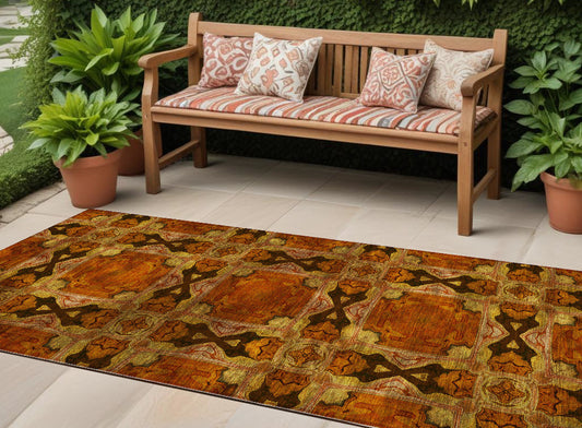 8' Runner Orange and Rust Floral Medallion Washable Non Skid Indoor Outdoor Runner Rug