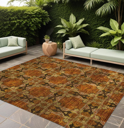 8' X 10' Orange and Rust Floral Medallion Washable Non Skid Indoor Outdoor Area Rug