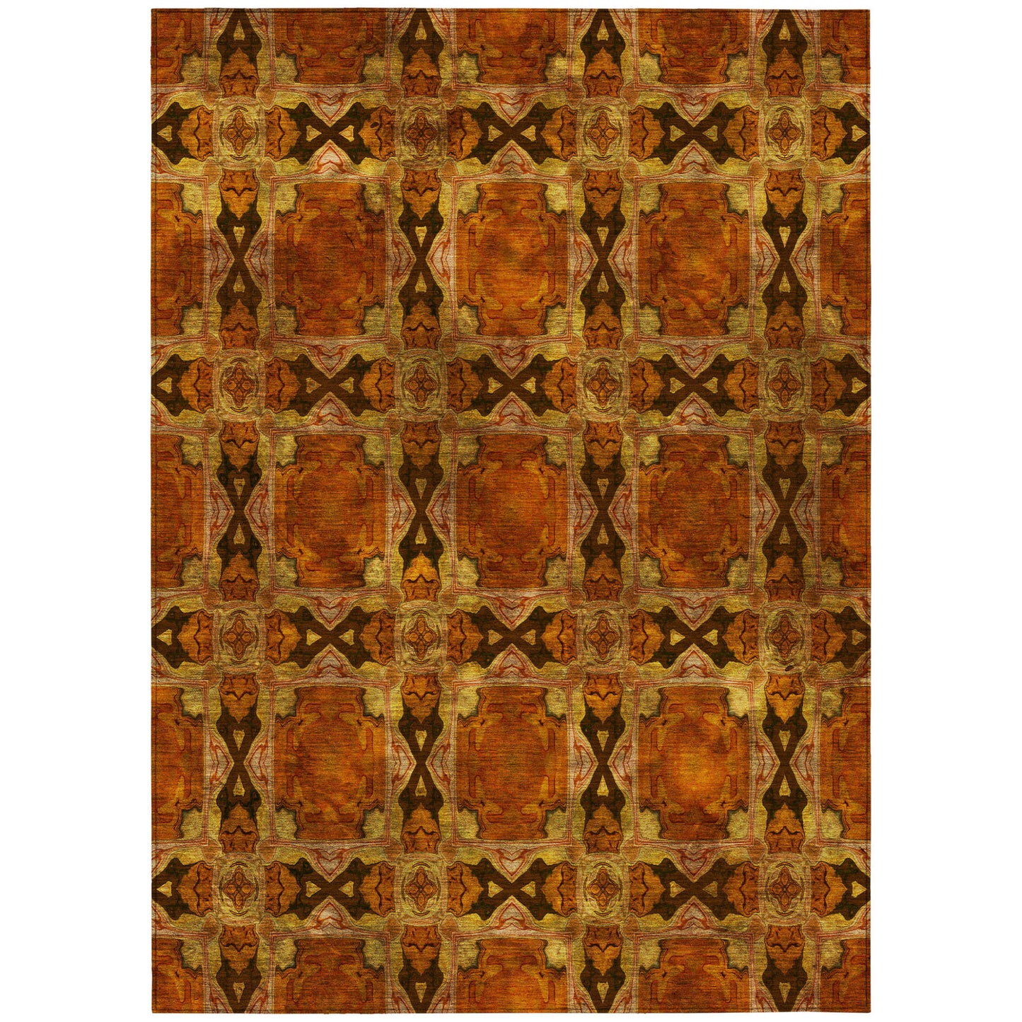 8' X 10' Orange and Rust Floral Medallion Washable Non Skid Indoor Outdoor Area Rug