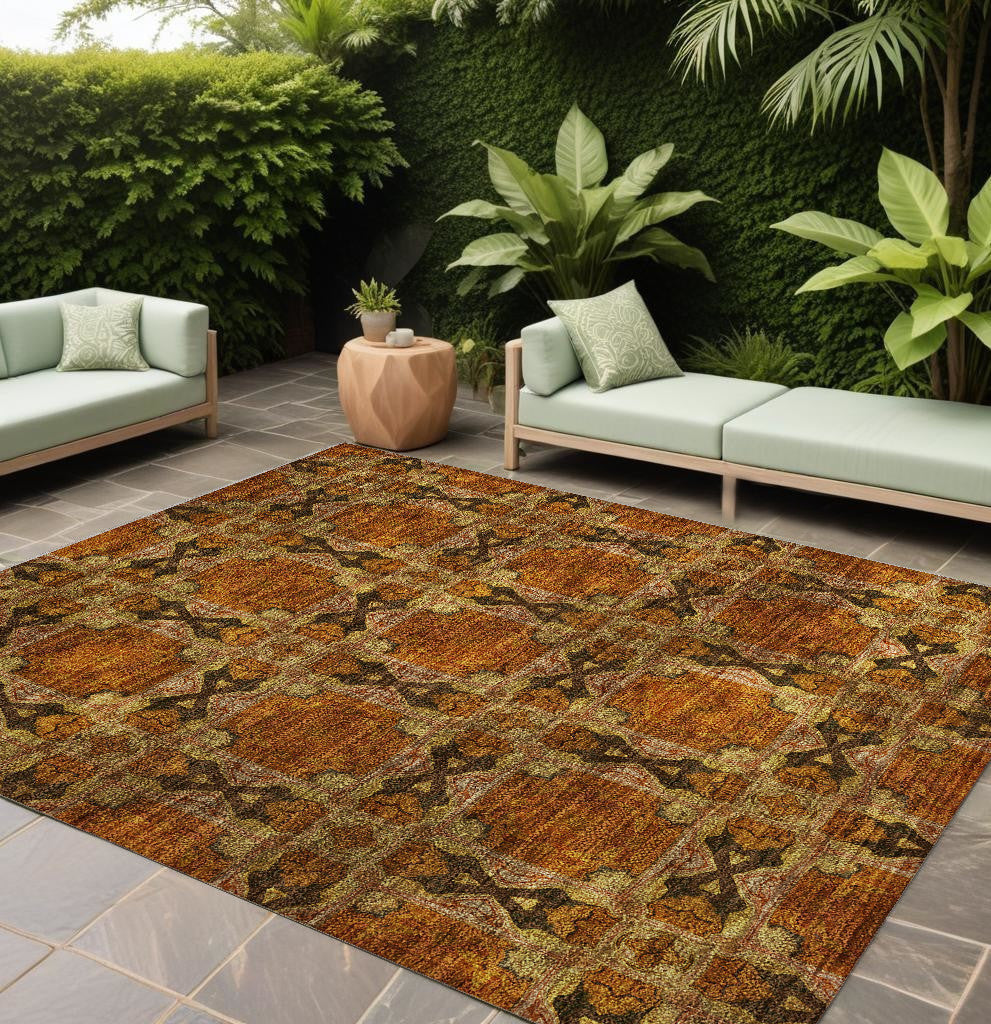 9' X 12' Orange and Rust Floral Medallion Washable Non Skid Indoor Outdoor Area Rug