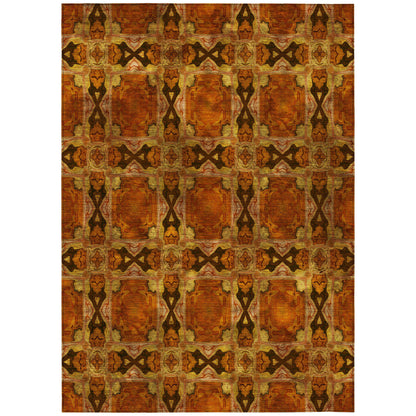 9' X 12' Orange and Rust Floral Medallion Washable Non Skid Indoor Outdoor Area Rug