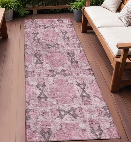 8' Runner Pink Floral Medallion Washable Non Skid Indoor Outdoor Runner Rug