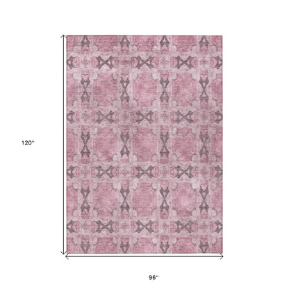 8' X 10' Pink Floral Medallion Washable Non Skid Indoor Outdoor Area Rug