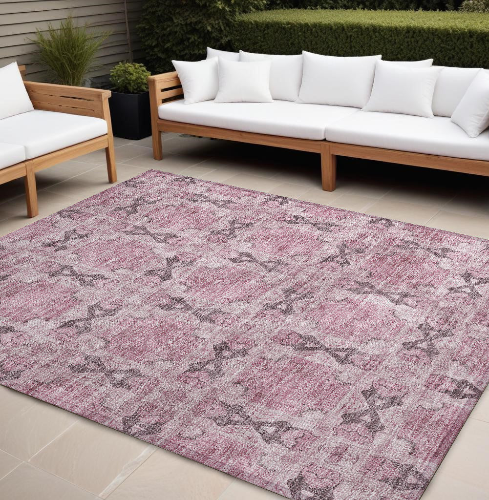 8' X 10' Pink Floral Medallion Washable Non Skid Indoor Outdoor Area Rug