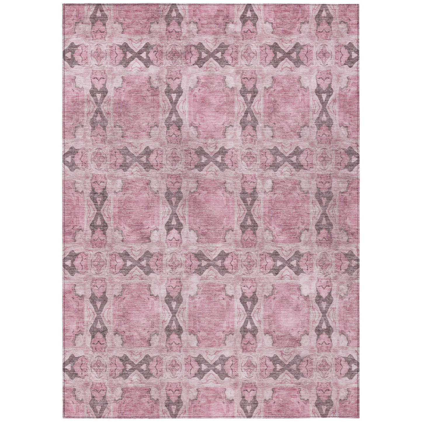 8' X 10' Pink Floral Medallion Washable Non Skid Indoor Outdoor Area Rug