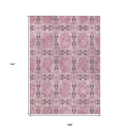 9' X 12' Pink Floral Medallion Washable Non Skid Indoor Outdoor Area Rug