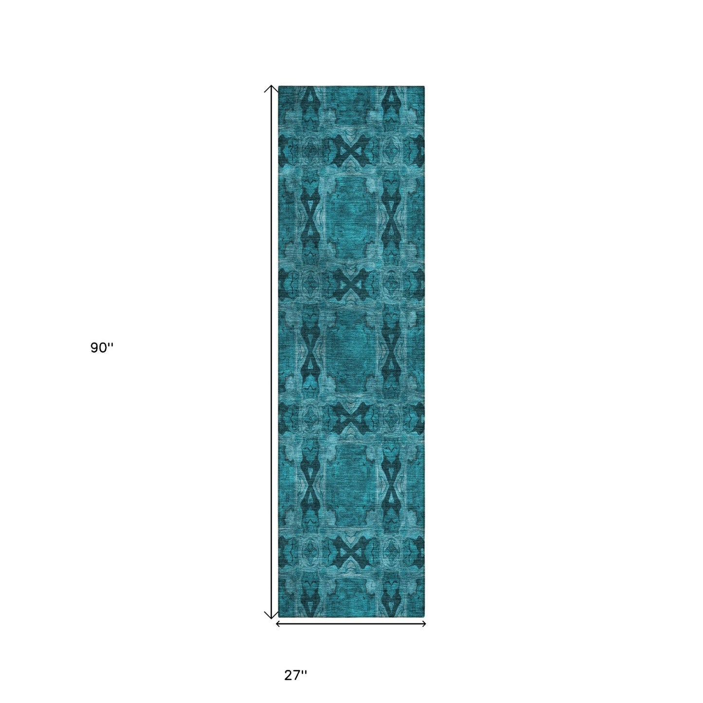 8' Runner Teal Floral Medallion Washable Non Skid Indoor Outdoor Runner Rug