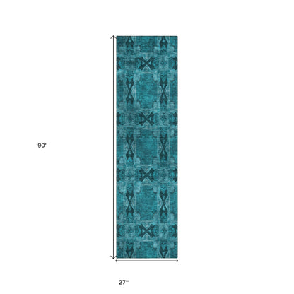 8' Runner Teal Floral Medallion Washable Non Skid Indoor Outdoor Runner Rug