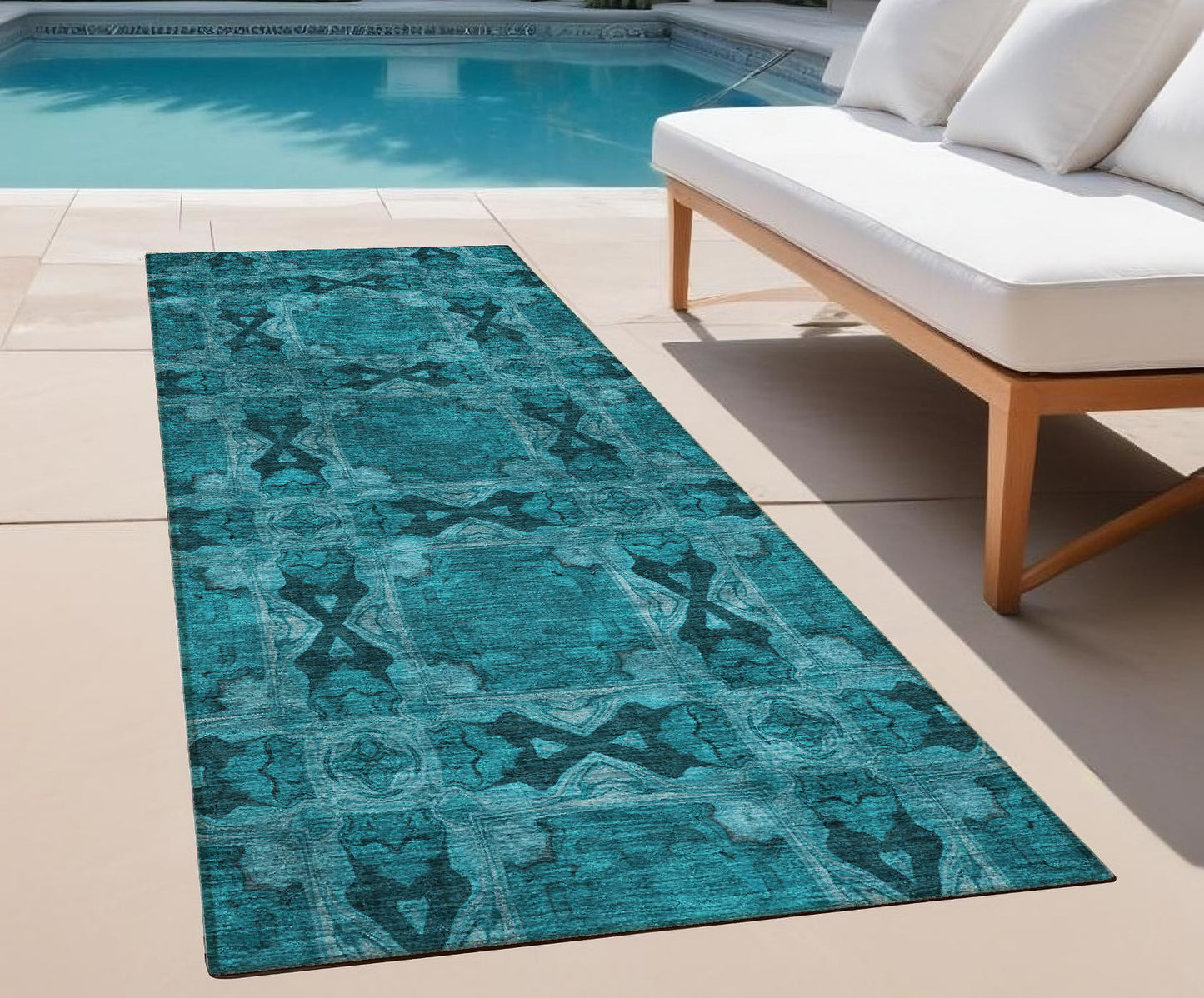 8' Runner Teal Floral Medallion Washable Non Skid Indoor Outdoor Runner Rug